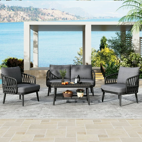 Modern 4 Outdoor Patio Furniture, Metal Chairs With Woven Rope Back, Thick Cushions & Coffee Table, For Garden Poolside, Grey Black , , Table Garden, Style