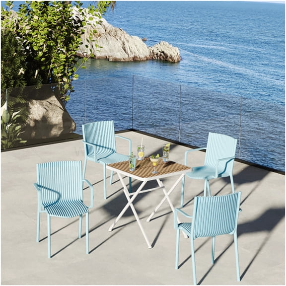 Modern 4-PC Stackable Chair and Table Set for Patio, Garden, Indoor, Outdoor, Ergonomic Back, Folding Table, Light Blue Grey and White