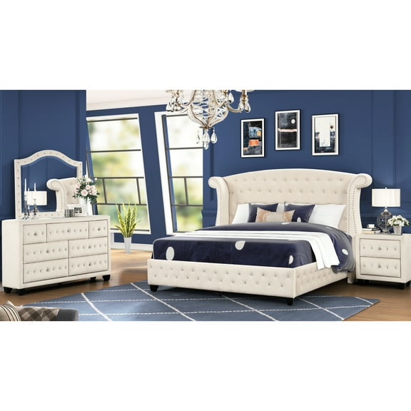 Modern 4 Pc Bedroom In Cream - Crystal For A Chic Look Queen Glamorous With Nightstand