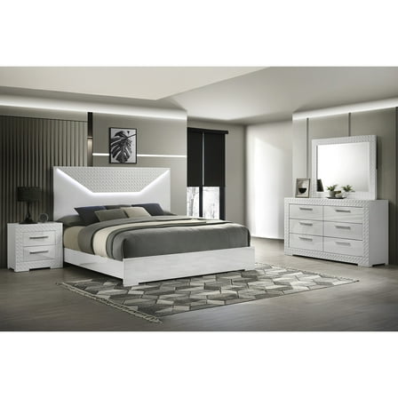 Modern 4 Pc Queen Bedroom Furniture With Led Headboard & Luxury Appeal - Bed, 6 Chest, Mirror, 2 Nightstand Fashionable 4 Lighted Materials Dresser, Matching