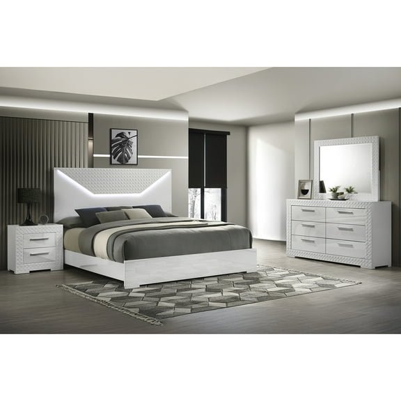 Modern 4 Pc Queen Bedroom Furniture With Led Headboard & Luxury Appeal - Bed, 6 Chest, Mirror, 2 Nightstand Fashionable 4 Lighted Materials Dresser, Matching