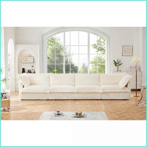 Modern 4-Seat Corduroy Sofa | Removable Cover Extra Deep Living Room Couch | Beige | Cushion Back | Flared Arms
