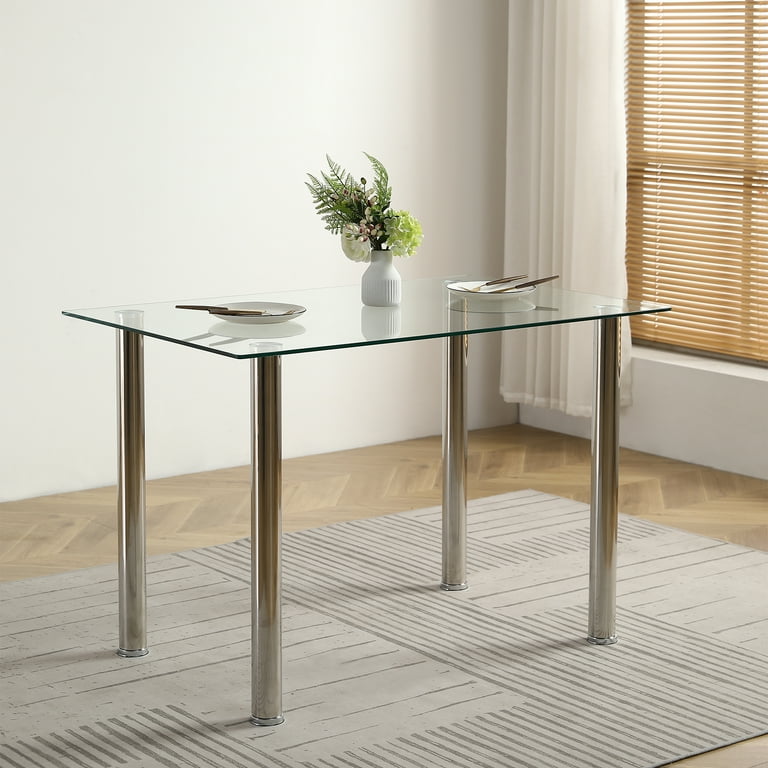 Modern 4-Seat Glass Dining Table with Stainless Steel Legs