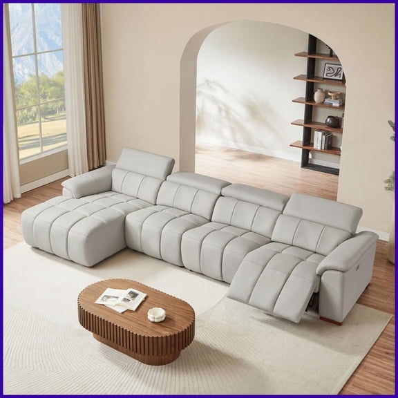 Modern 4-Seat L-Shaped Electric Wall-Hugger Reclining Sofa - Genuine Leather with USB for Living Room