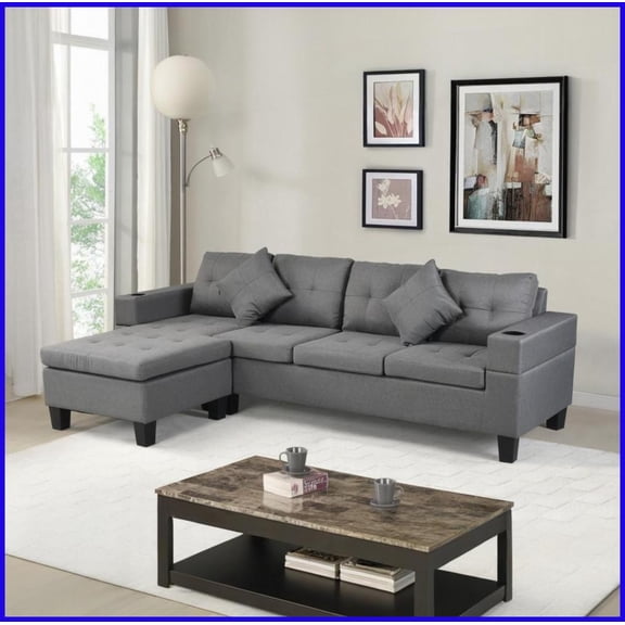 Modern 4-Seat L-Shaped Sectional Sofa with Left/Right Chaise, Cup Holders – Faux Linen Grey for Living Room