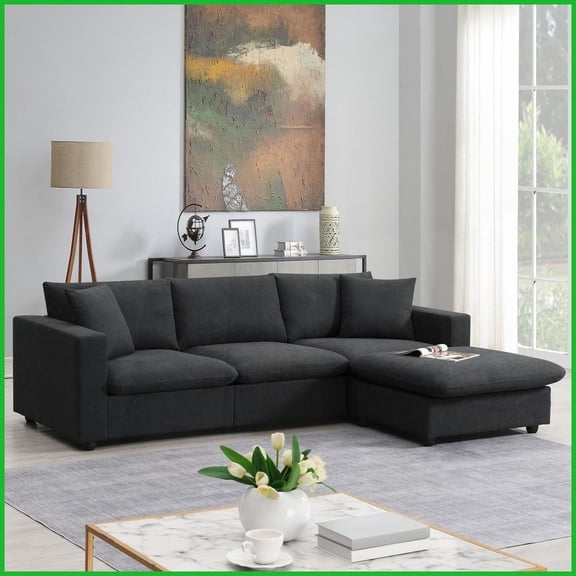 Modern 4-Seat L-Shaped Sectional Sofa with Pillows – 101×66” Polyester Fabric Couch with Movable Ottoman for Living Room/Apartment