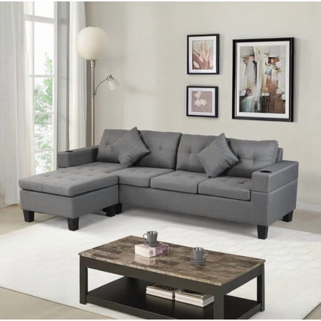 Modern 4-Seat Sectional Sofa Set featuring L Shape Chaise Lounge and Cup Holders (FAUX LINEN GREY) for Living Room
