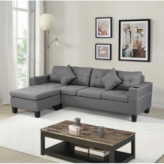 Modern 4-Seat Sectional Sofa Set featuring L Shape Chaise Lounge and Cup Holders (FAUX LINEN GREY) for Living Room