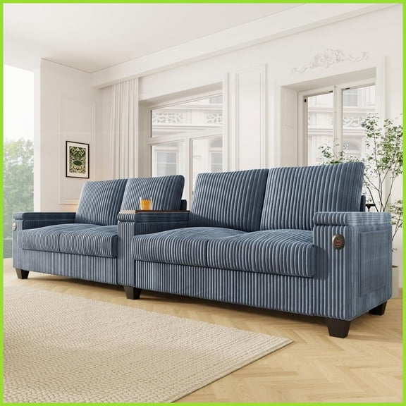 Modern 4-Seater Corduroy Sofa - 133" Wide Blue Couch with USB Ports, Storage & Cup Holders for Living Room