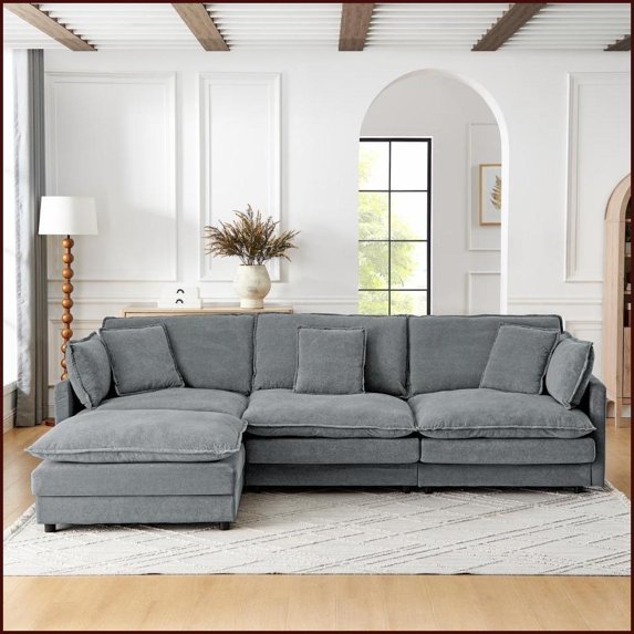 Modern 4-Seater L-Shaped Convertible Sectional Sofa with Storage Ottoman | Gray | Towel Fabric | Solid Wood Frame