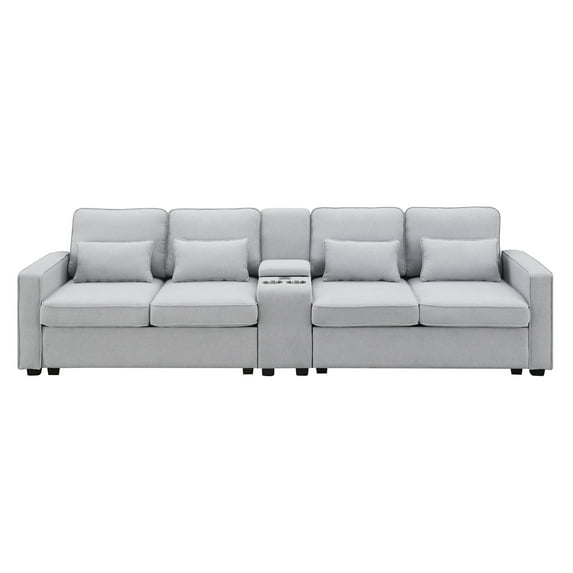 Modern 4 Seater Large Sofa with Console, Linen Fabric Upholstered Couch with USB Charging Ports Cup Holders for Living Room Office