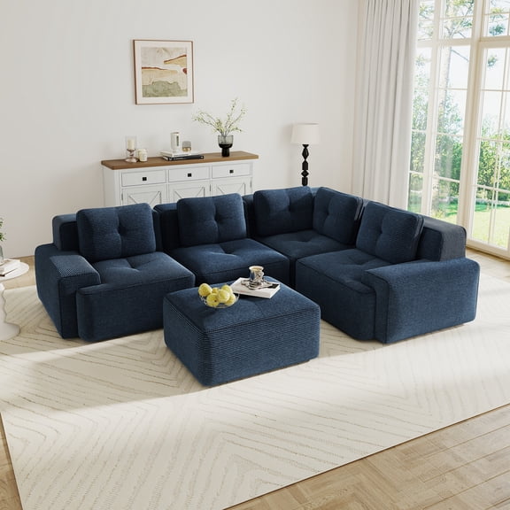 Modern 4-Seater Modular Sectional Sofa, V Shaped Corner Couch, Corduroy Fabric, Deep Seat, Movable Ottoman, Pearl-like Piping, Tufted Design, No Assembly, Anti-slip Design, Blue