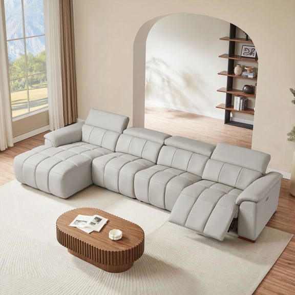 Modern 4-Seat Wall-Hugger Reclining Leather Sofa for Living Room, with USB Port