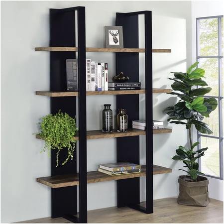 Modern 4 Shelf Bookcase with Black and Walnut Finish, Open Storage Shelving Unit for Living Room, Office