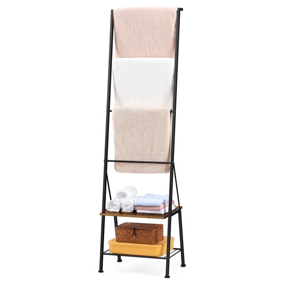 Modern 4-Shelf Towel Ladder - Freestanding Blanket & Towel Organizer with Hanging Bar For Towels, Blankets & Clothes