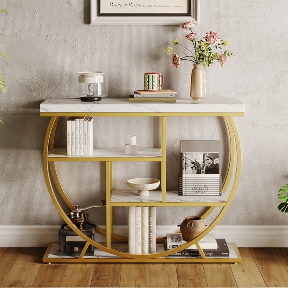 Modern 4-Tier Console Table with Storage Shelves – Narrow Entryway Sofa Table, Metal Geometric Frame, Rustic Wood Top, Accent Furniture for Living Room, Hallway, Apartment, Gold Tube + Marble White