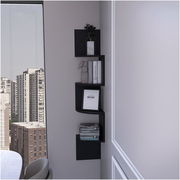 Modern 4-Tier Corner Floating Shelves Unit, Black Particle Board Wall-Mounted Storage Display Organizer for Living Room, Bedroom, Office