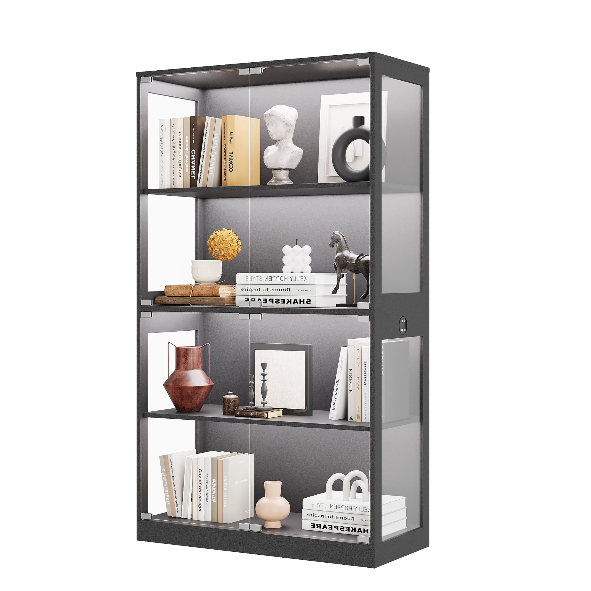 Modern 4-Tier Glass Display Cabinet with LED Lighting, Charging Ports ...