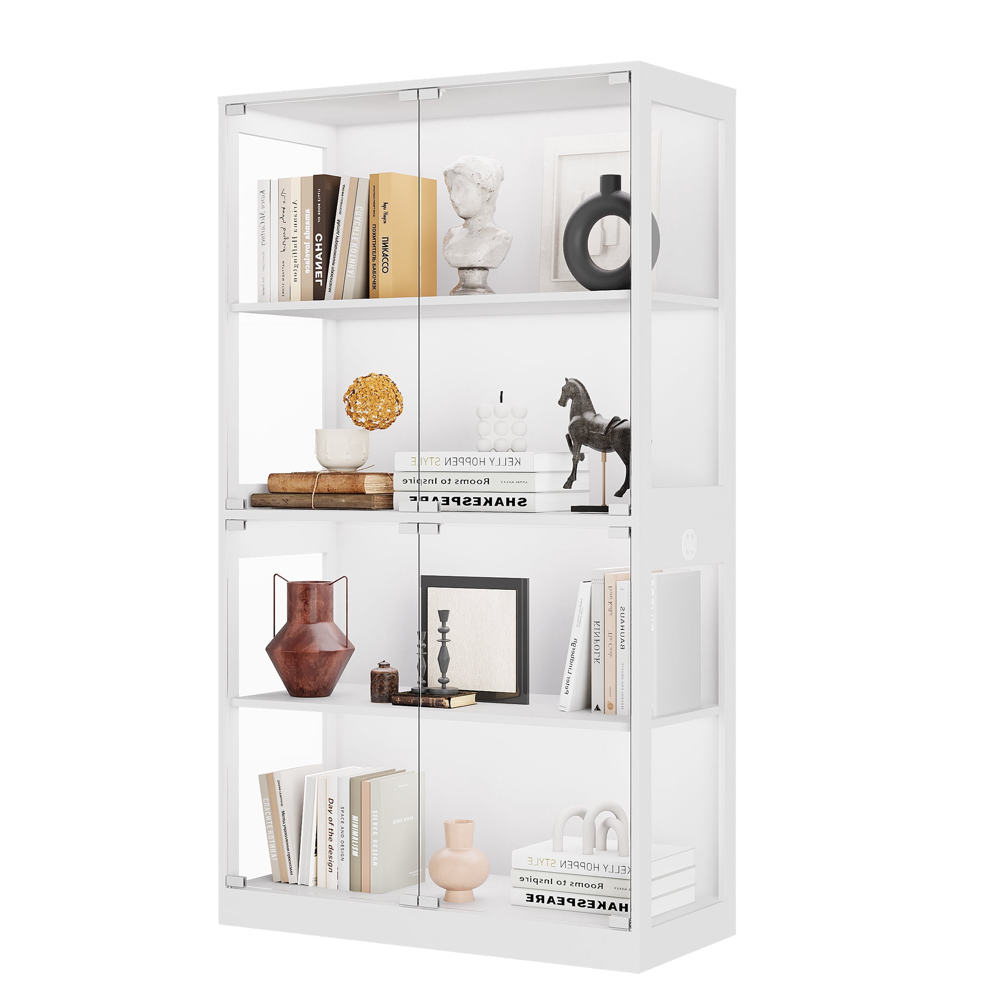 Modern 4-Tier Glass Display Cabinet with LED Lighting, Charging Ports ...