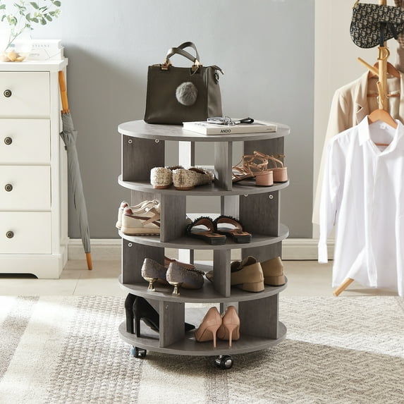 Modern 4 Tier Revolving Shoe Storage on Wheels 16-20 Pairs Round Pushable Wooden Shoe Cabinet Shoe Storage Organizer for Living Room, Porch, Cloakroom,Grey