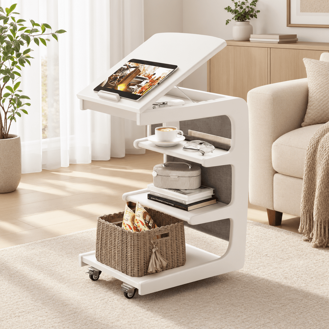 Modern 4 Tier White C-Shaped End Table, 15.6