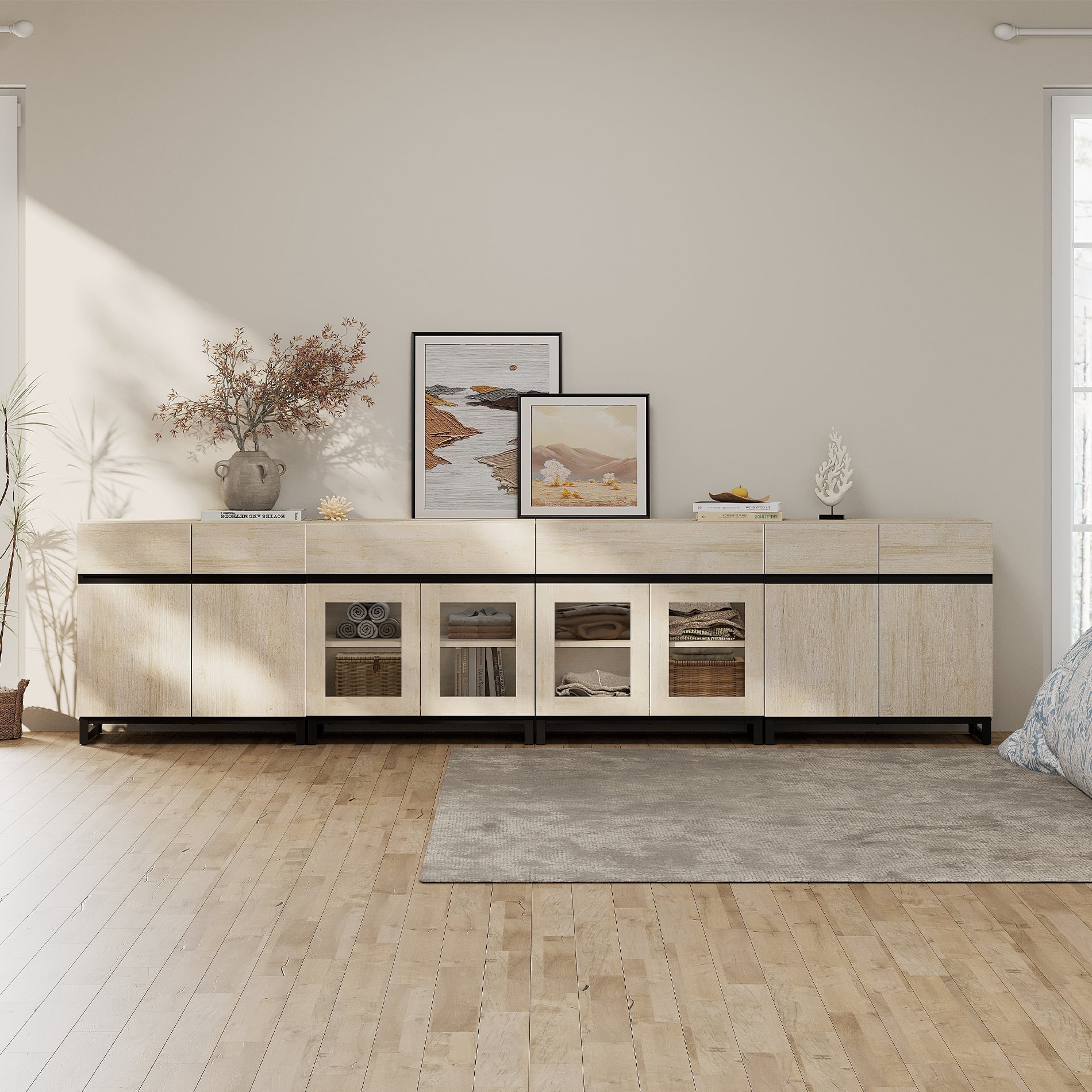 Modern 4-in-1 Chest Of Drawers, Bedroom Storage Dresser with Glass Doors, 2 Drawers, Adjustable Shelf and Sturdy Metal Base for Home,Beige