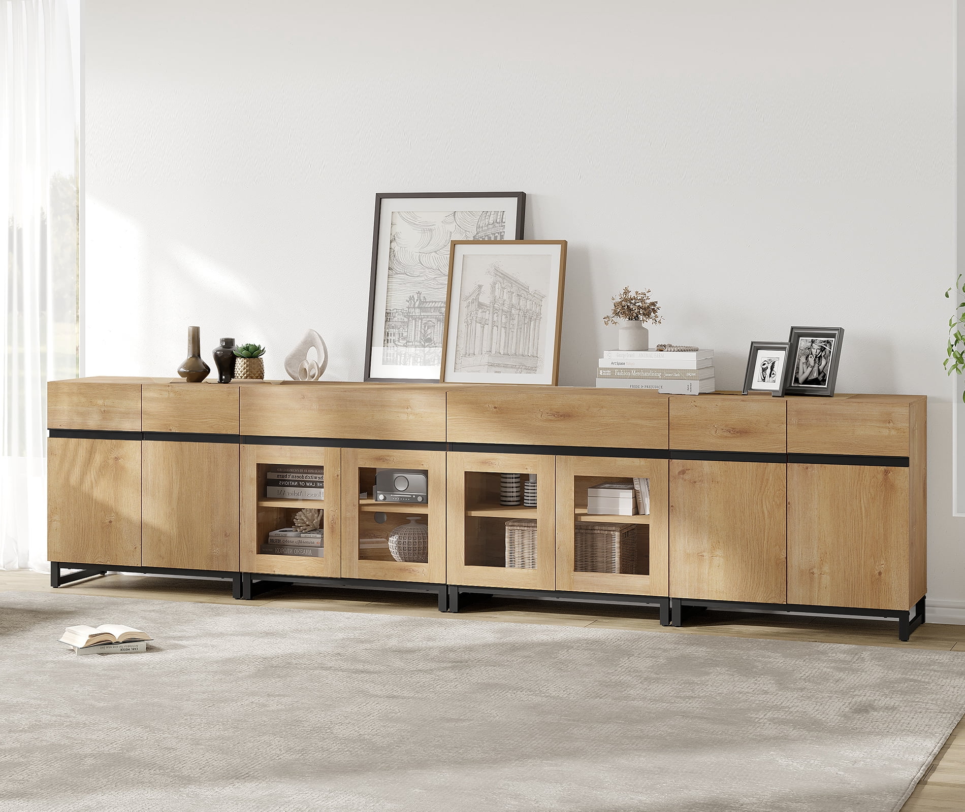 Modern 4-in-1 Chest Of Drawers, Bedroom Storage Dresser with Glass Doors, 2 Drawers, Adjustable Shelf and Sturdy Metal Base for Home,Oak