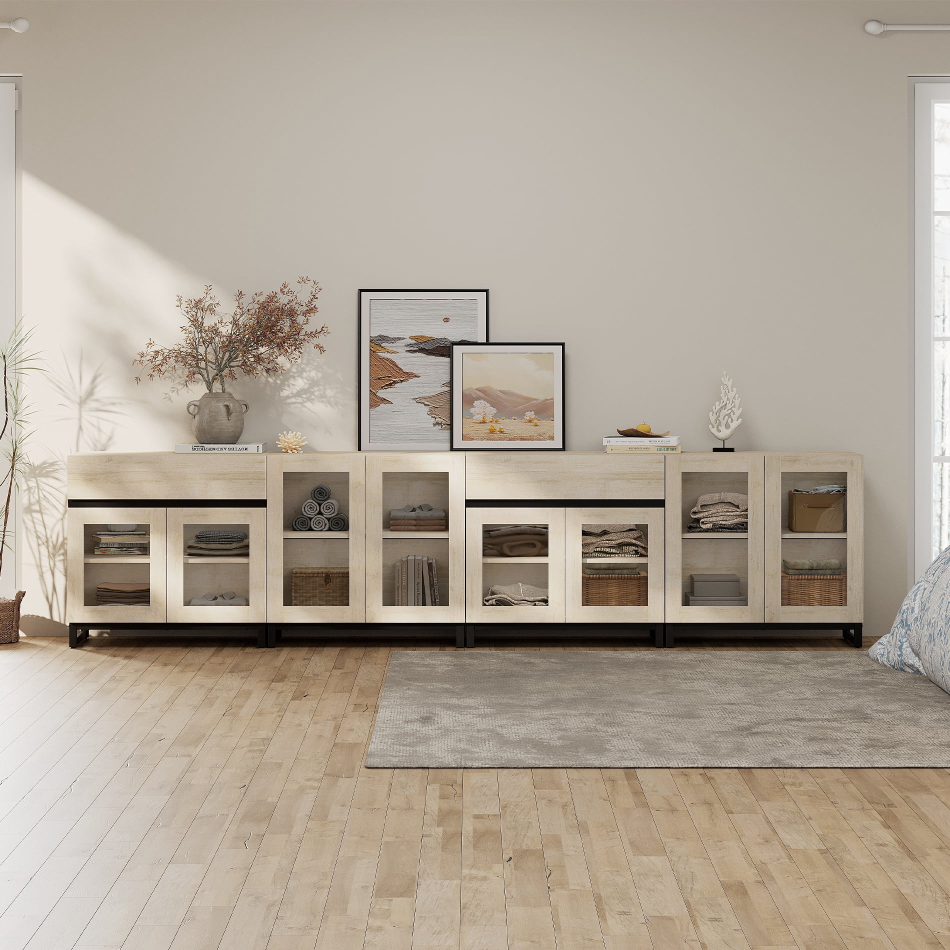 Modern 4-in-1 Chest Of Drawers, Multifunctional Storage Dresser with Glass Doors, 2 Drawers and Adjustable Shelf for Bedroom Living Room,Beige