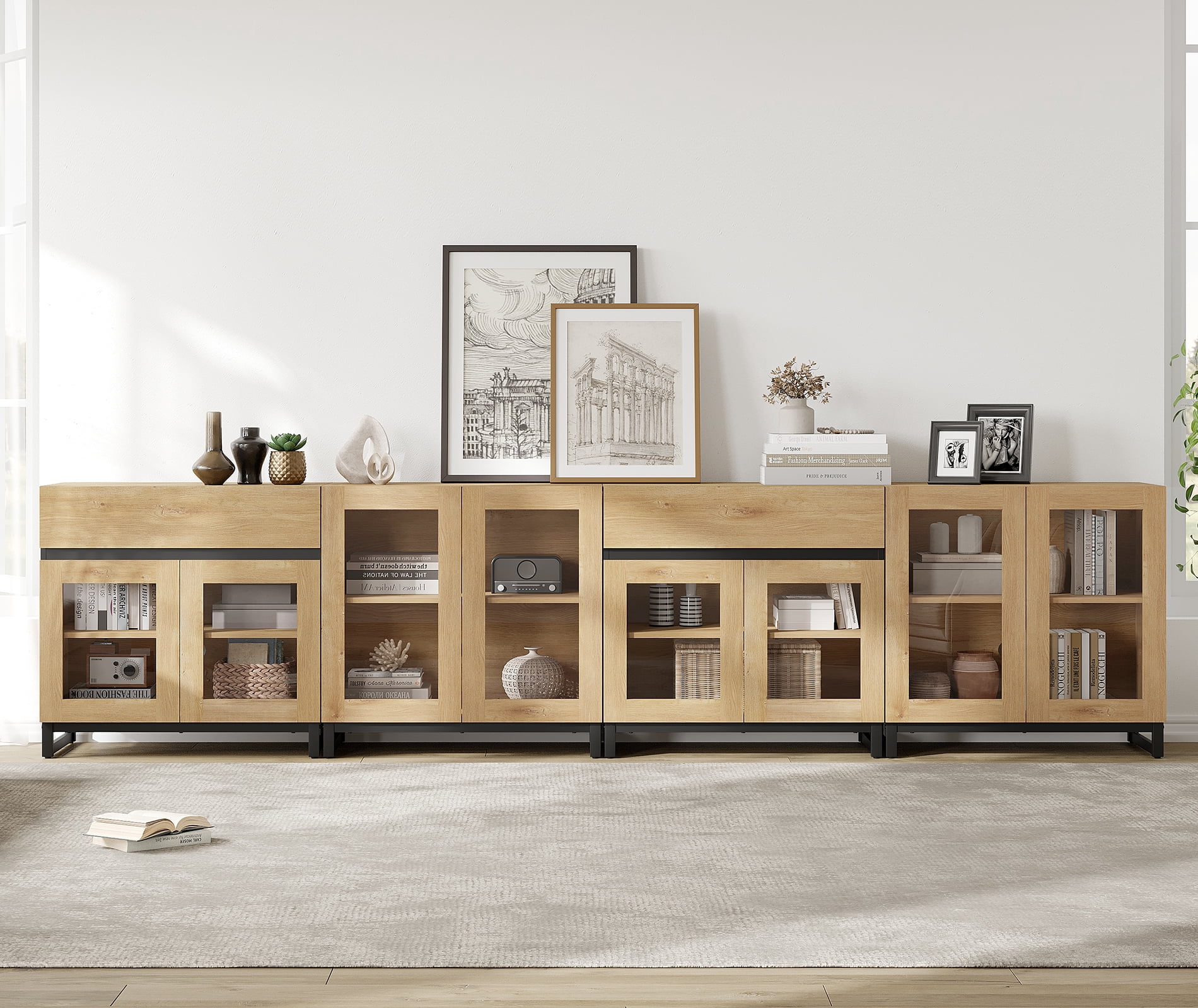 Modern 4-in-1 Chest Of Drawers, Multifunctional Storage Dresser with Glass Doors, 2 Drawers and Adjustable Shelf for Bedroom Living Room,Oak