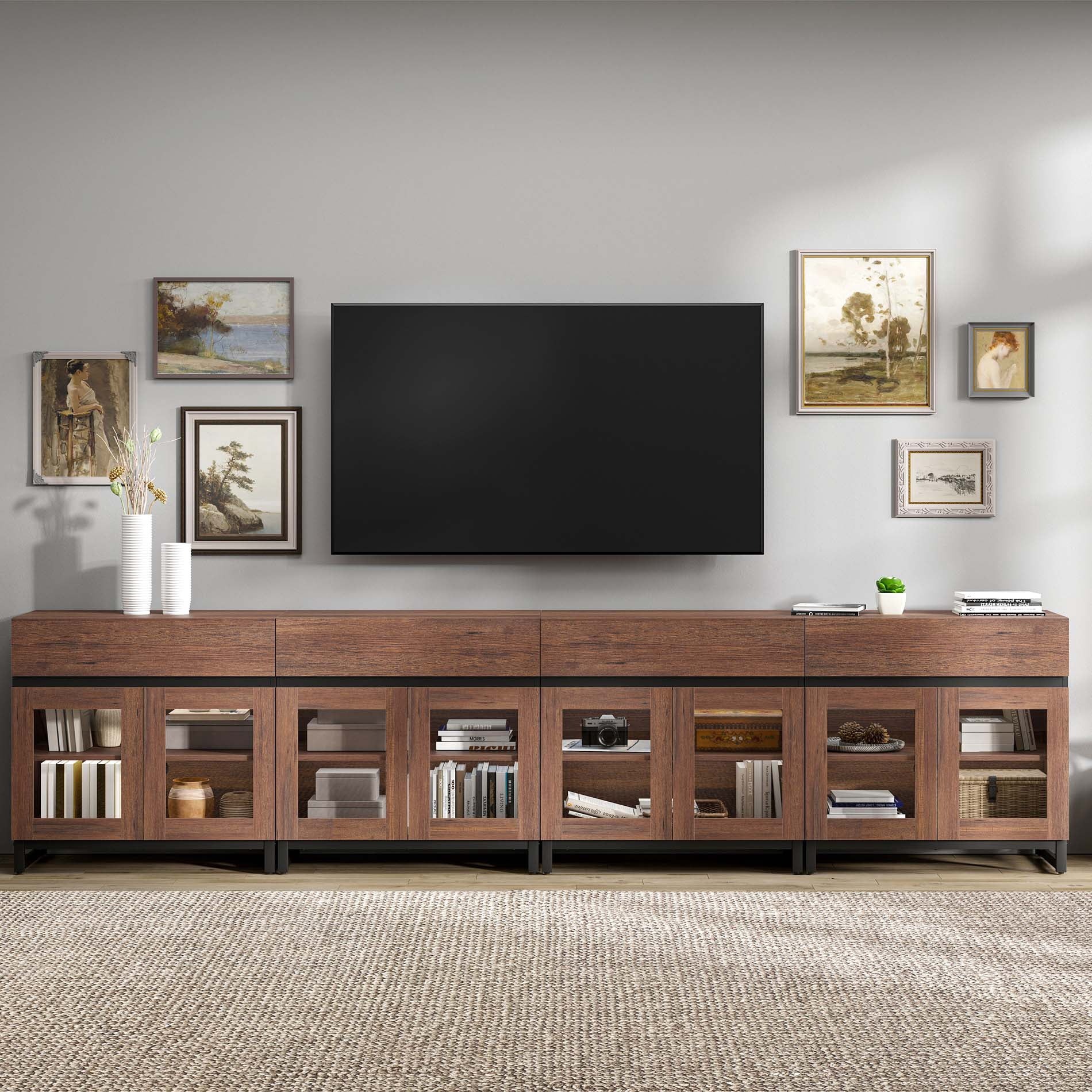 Modern 4-in-1 Modern TV Stand with Glass Doors & 4 Drawers, Reinforced Metal Base Entertainment Center, Stable Media Console for 120 Inch TVs, Bedroom Living Room, Brown
