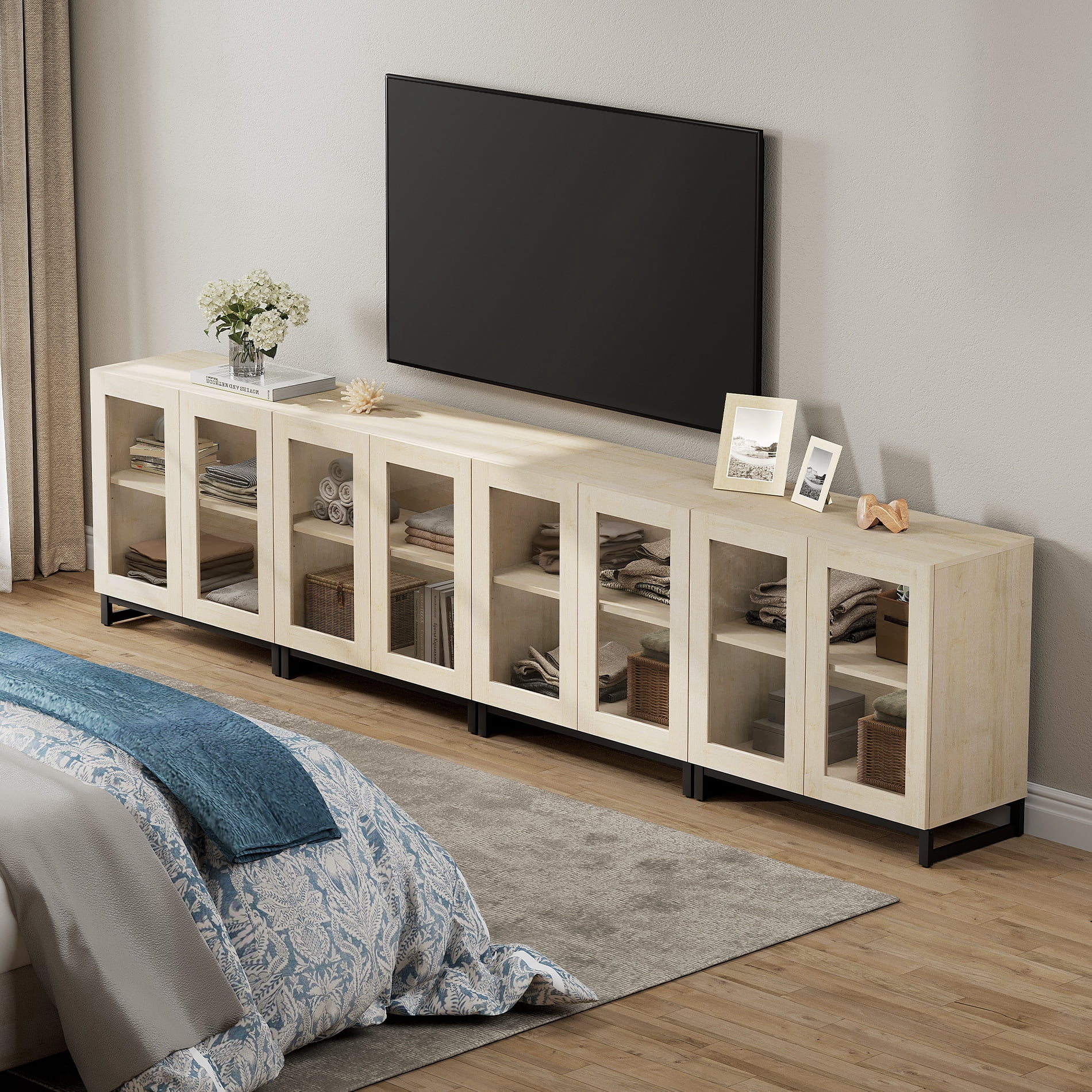 Modern 4-in-1 Modern TV Stand, Tempered Glass Doors Entertainment Center with Adjustable Shelves & Sturdy Metal Base, Media Console for up to 120 Inch TVs, Beige