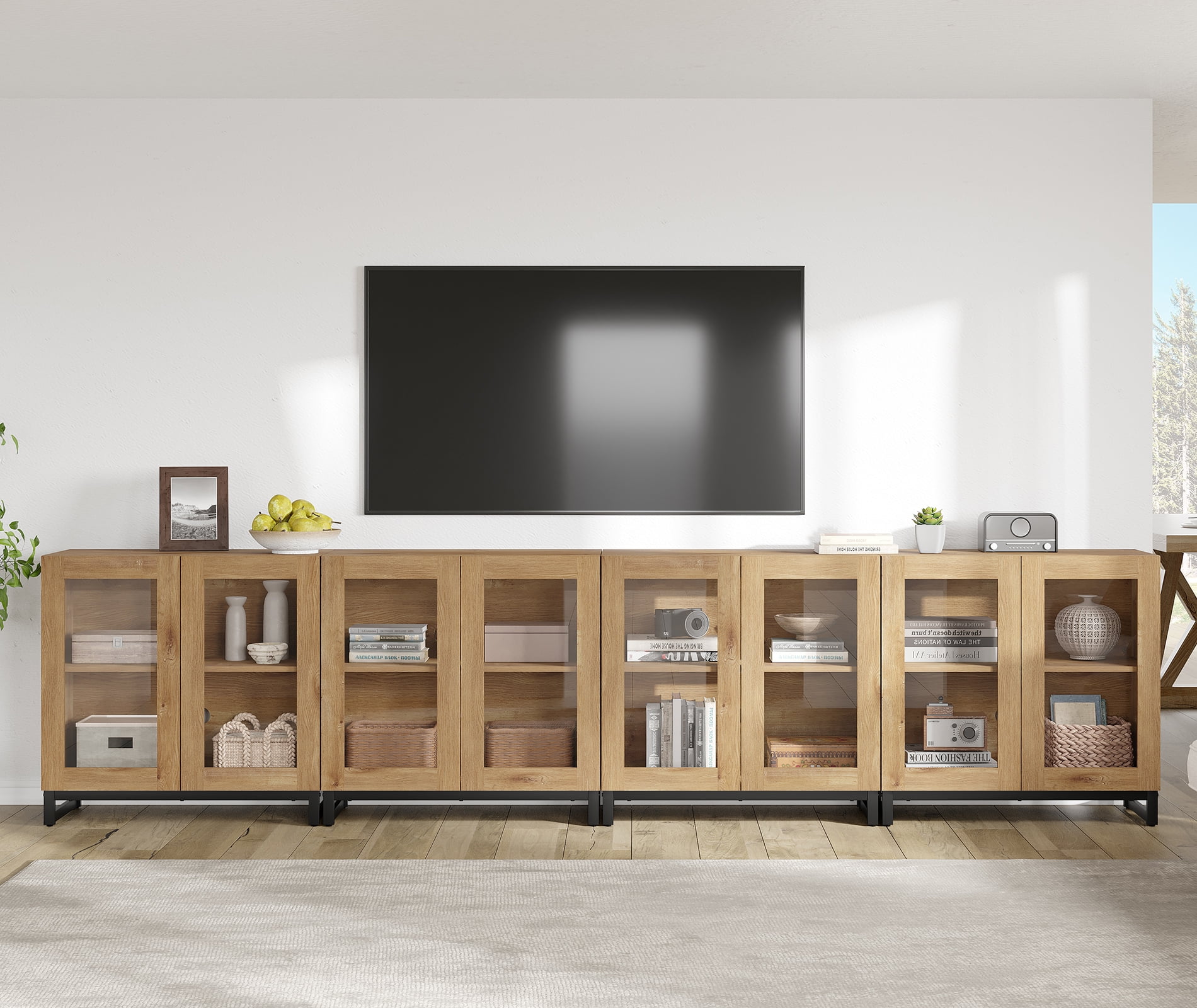 Modern 4-in-1 Modern TV Stand, Tempered Glass Doors Entertainment Center with Adjustable Shelves & Sturdy Metal Base, Media Console for up to 120 Inch TVs, Oak