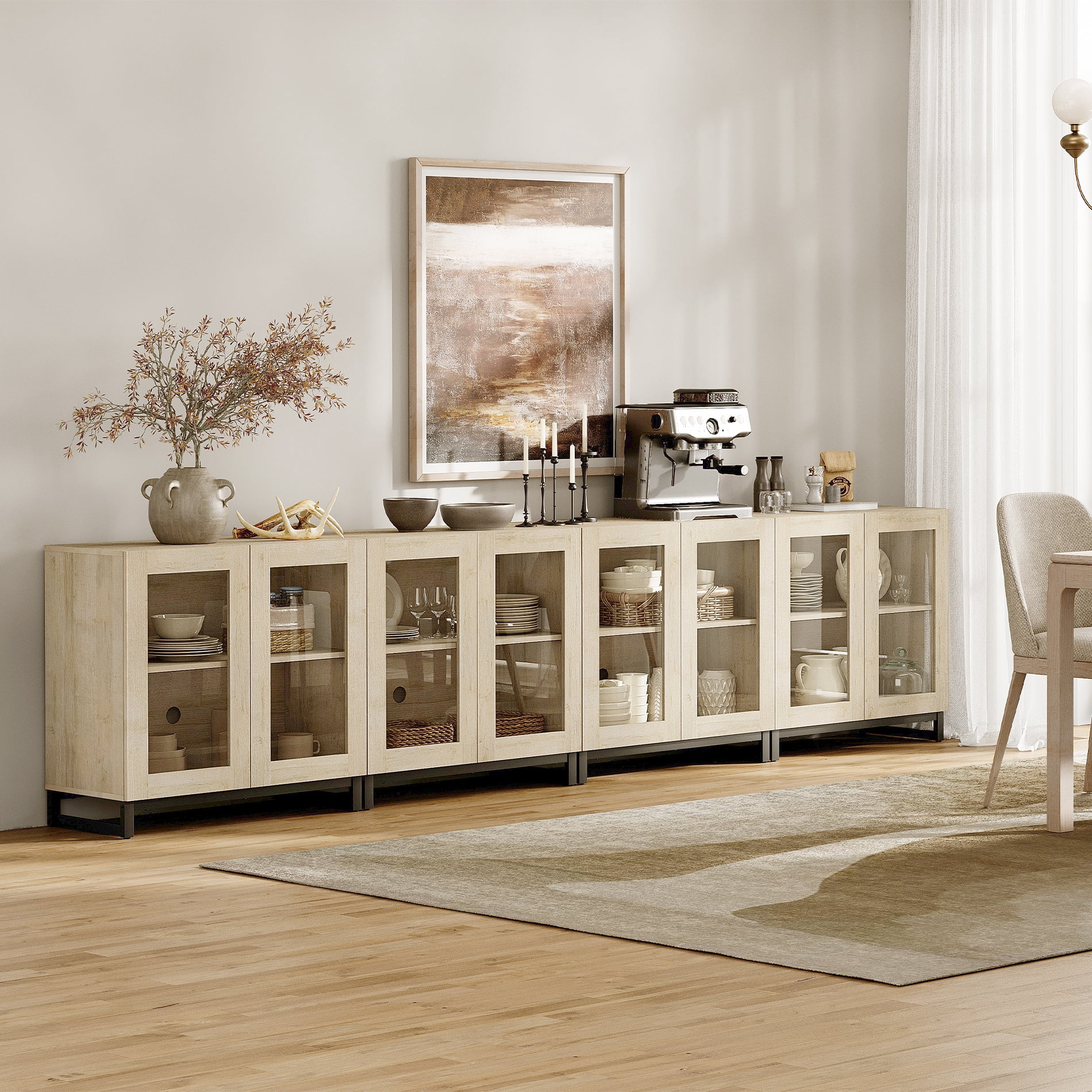 Modern 4-in-1 Multifunctional Sideboard Buffet Cabinet with 8 Glass Doors and Adjustable Shelf Coffee Bar Storage Cabinet for Living Room Kitchen,Beige