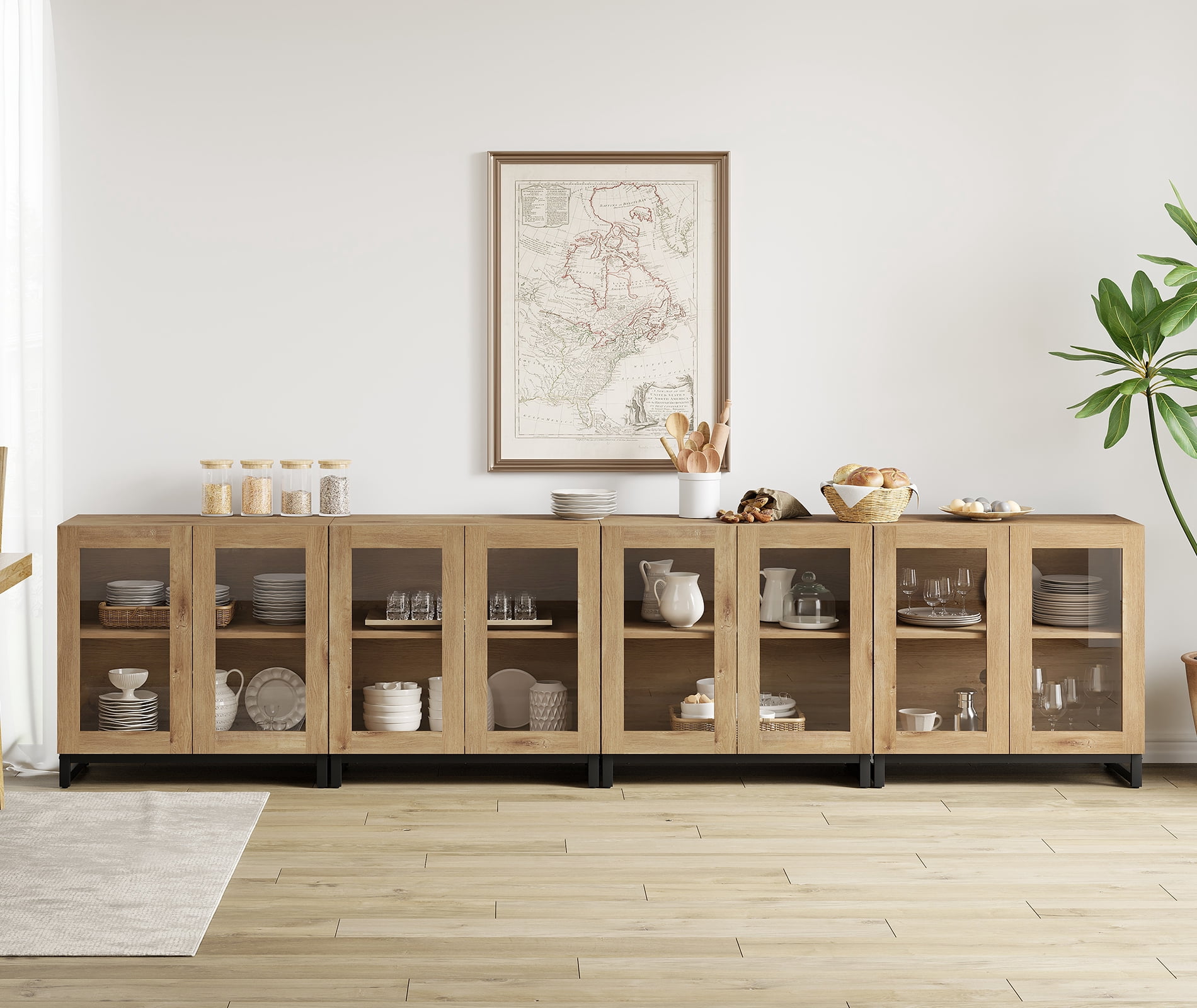 Modern 4-in-1 Multifunctional Sideboard Buffet Cabinet with 8 Glass Doors and Adjustable Shelf Coffee Bar Storage Cabinet for Living Room Kitchen,Oak