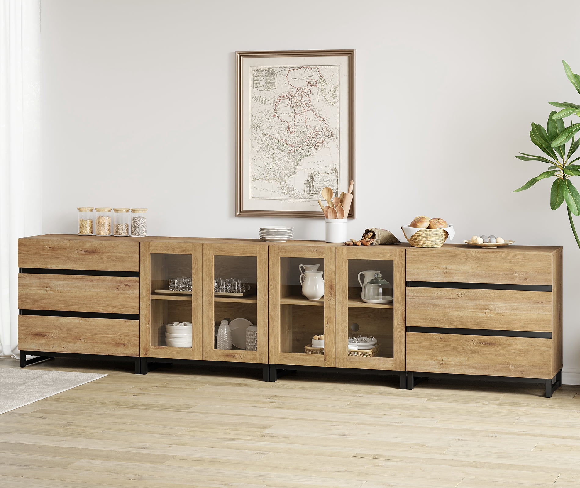 Modern 4-in-1 Sideboard Buffet Cabinet, Storage Credenza with 6 Drawers, Adjustable Shelf and Tempered Glass Doors, Metal Base Coffee Bar Cabinet for Home Decor,Oak