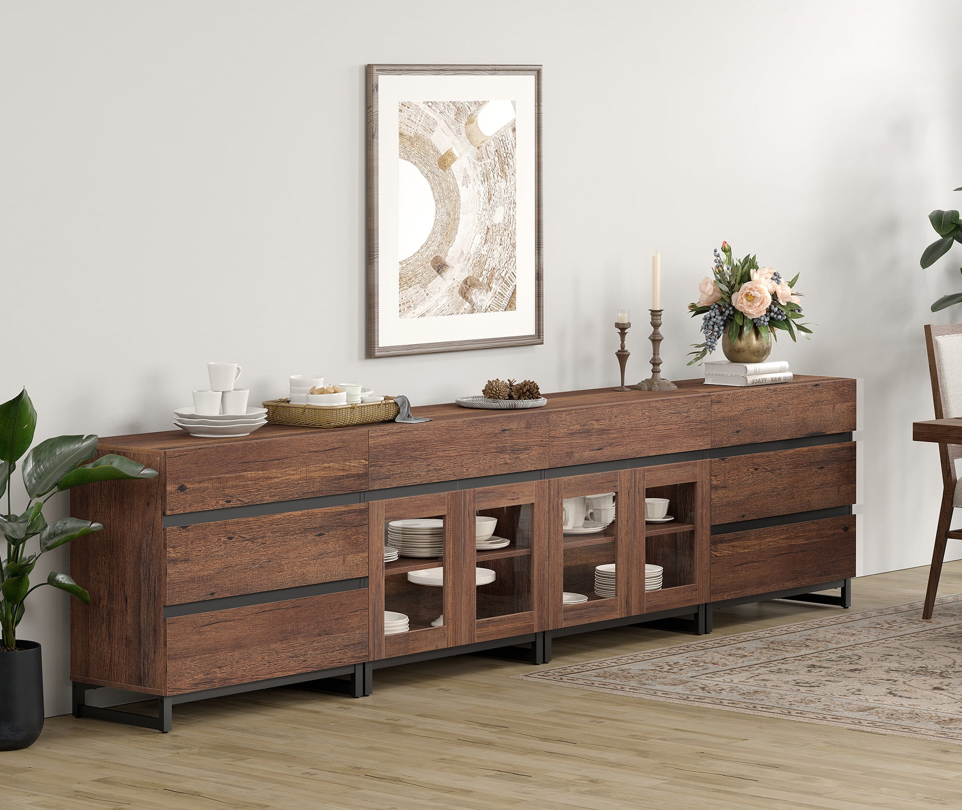 Modern 4-in-1 Sideboard Buffet Cabinet, Storage Credenza with 8 Drawers, Adjustable Shelf and Tempered Glass Doors, Metal Base Coffee Bar Cabinet for Home Decor,Brown