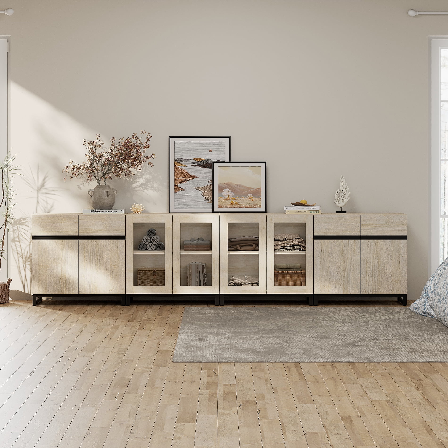 Modern 4-in-1 Storage Chest, Multifunctional Dresser with Glass Doors & Adjustable Shelves, Versatile Closet Organizer Cabinet for Bedroom Living Room,Beige