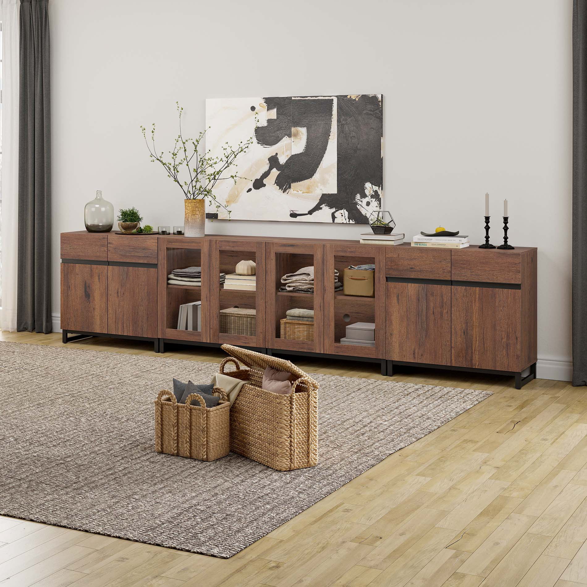 Modern 4-in-1 Storage Chest, Multifunctional Dresser with Glass Doors & Adjustable Shelves, Versatile Closet Organizer Cabinet for Bedroom Living Room,Brown
