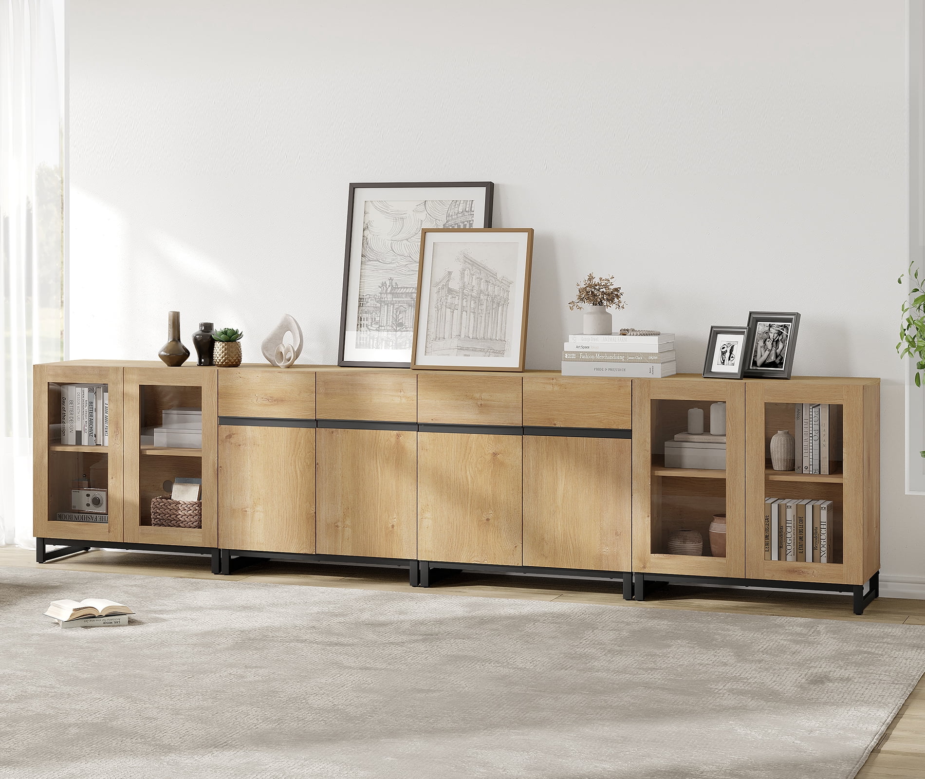Modern 4-in-1 Storage Chest, Multifunctional Dresser with Glass Doors & Adjustable Shelves, Versatile Closet Organizer Cabinet for Bedroom Living Room,Oak