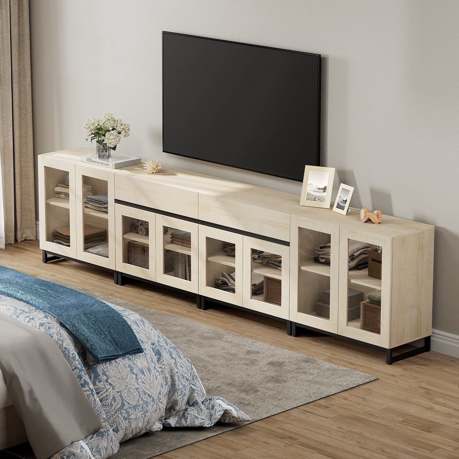 Modern 4-in-1 TV Stand, Entertainment Center with Glass Doors, 2 Drawers & Adjustable Shelf, Media Console for Living Room Bedroom, Fits TVs up to 120 Inch,Beige