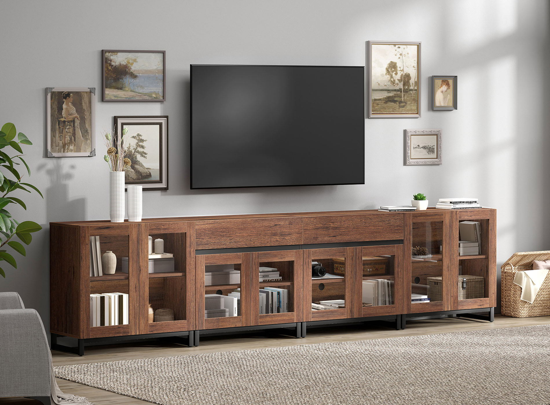Modern 4-in-1 TV Stand, Entertainment Center with Glass Doors, 2 Drawers & Adjustable Shelf, Media Console for Living Room Bedroom, Fits TVs up to 120 Inch,Brown