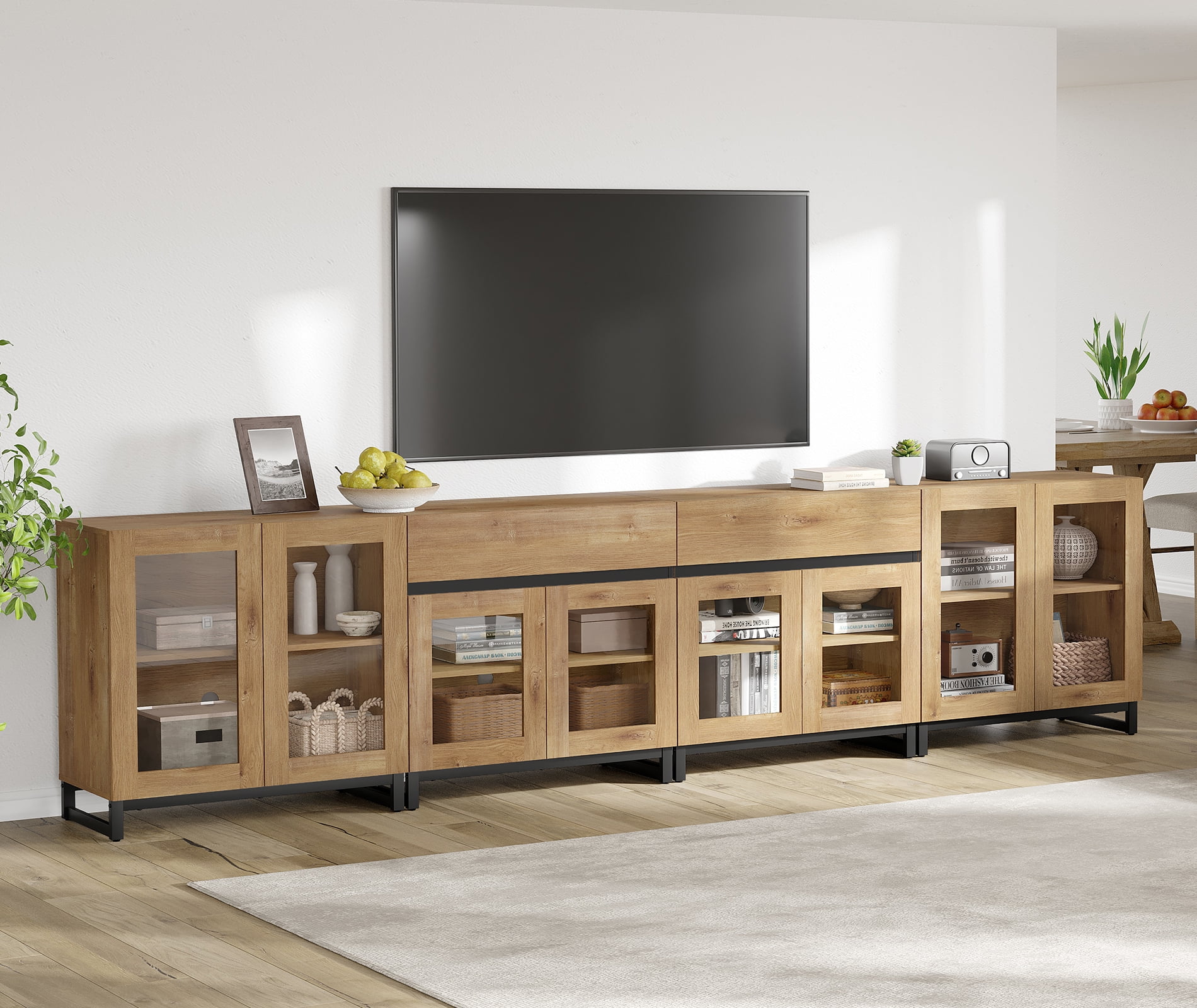 Modern 4-in-1 TV Stand, Entertainment Center with Glass Doors, 2 Drawers & Adjustable Shelf, Media Console for Living Room Bedroom, Fits TVs up to 120 Inch,Oak