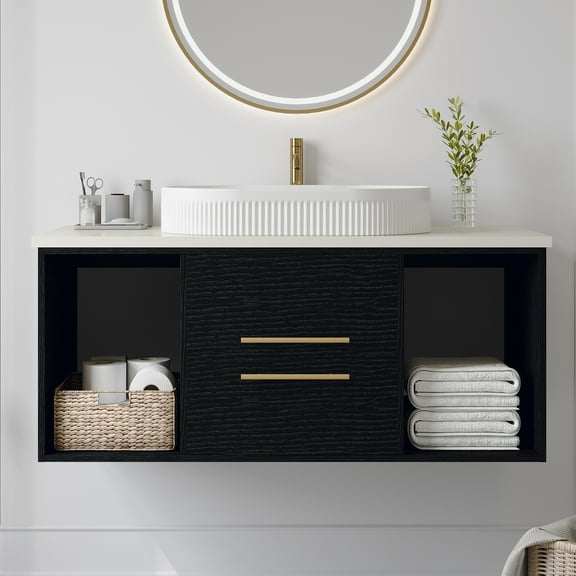 Modern 40-In Wall-Mounted Bathroom Vanity with Oval Ceramic Sink Floating Vanity Multi-Layer Solid Wood Cabinet Soft-Close Drawers Open Shelf Storage