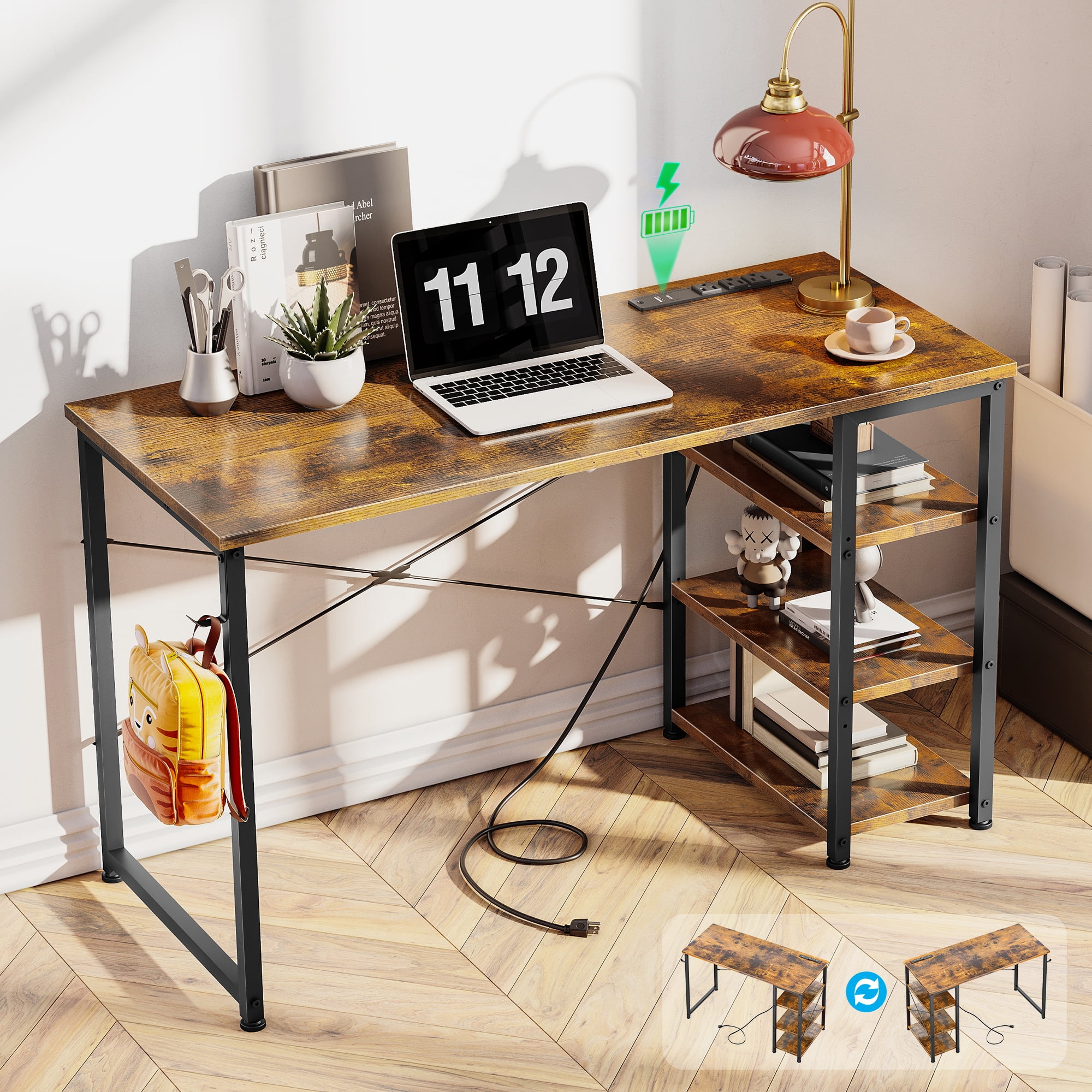 Modern 40 inch Writing Desk with 3 Tier Shelves for Small Space ...