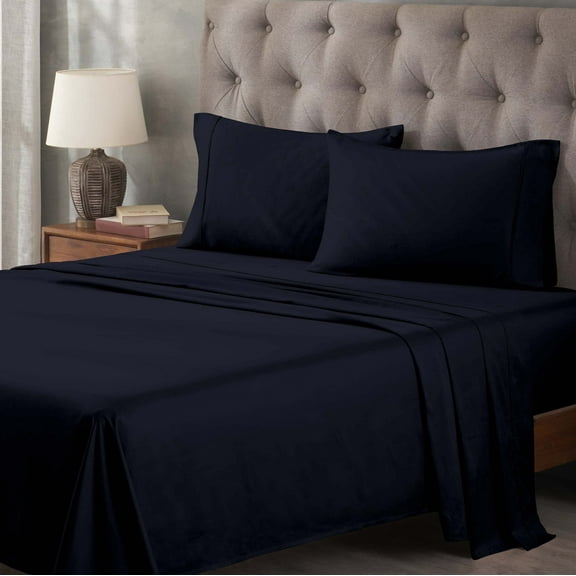 Modern 400-Thread Count Egyptian Cotton Stripe Casual Deep Pocket Sheet Set, Queen, Navy Blue by Blue Nile Mills
