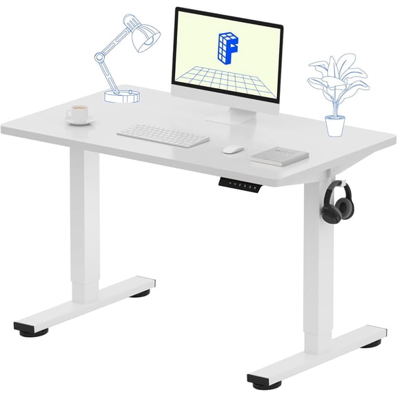 Modern 40x24 Inches Electric Sit Stand Up Desk, White Frame + White Desktop, Home Office Desk
