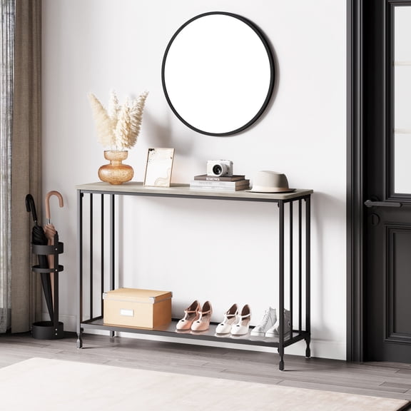 Modern 41" Console Table, Narrow Entryway Table with Fluted Glass Shelf and Metal Frame, Slim Sofa Table Behind Couch for Living Room, Hallway, Foyer, Grey