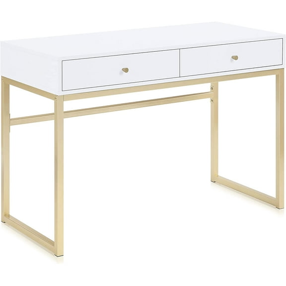 Modern 42 Inch Makeup Vanity Dressing Table or Home Office Computer Laptop Writing Desk with Two Storage Drawers, Wood Top, and Gold Metal Frame - Bronte (White)