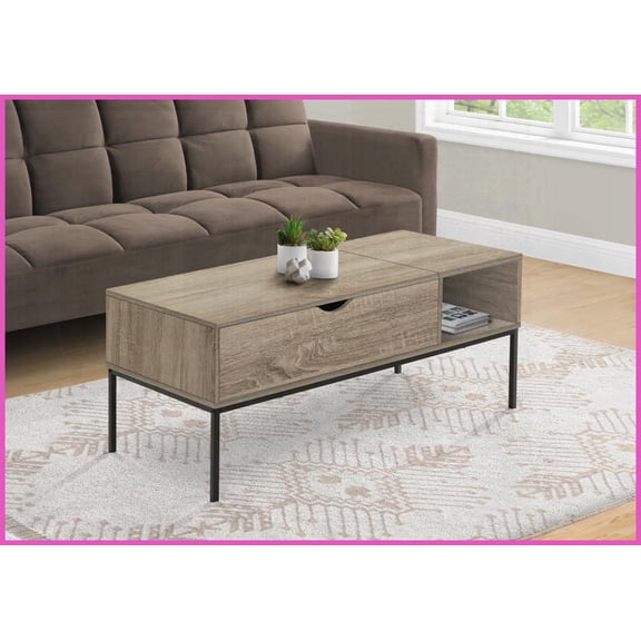 Modern 42” Rectangular Coffee Table – Dark Taupe Wood-Look with Black Metal Base, Lift-Top Storage & Easy-Clean