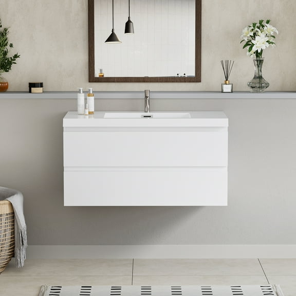 Modern 42" Wall-Mounted Bathroom Vanity in Glossy White with Resin Top Basin